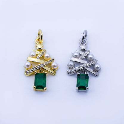 24K Gold Filled Green Baguette CZ Micro Paved Shell Pearl Christmas Tree Charm in Gold &amp; Silver | C940