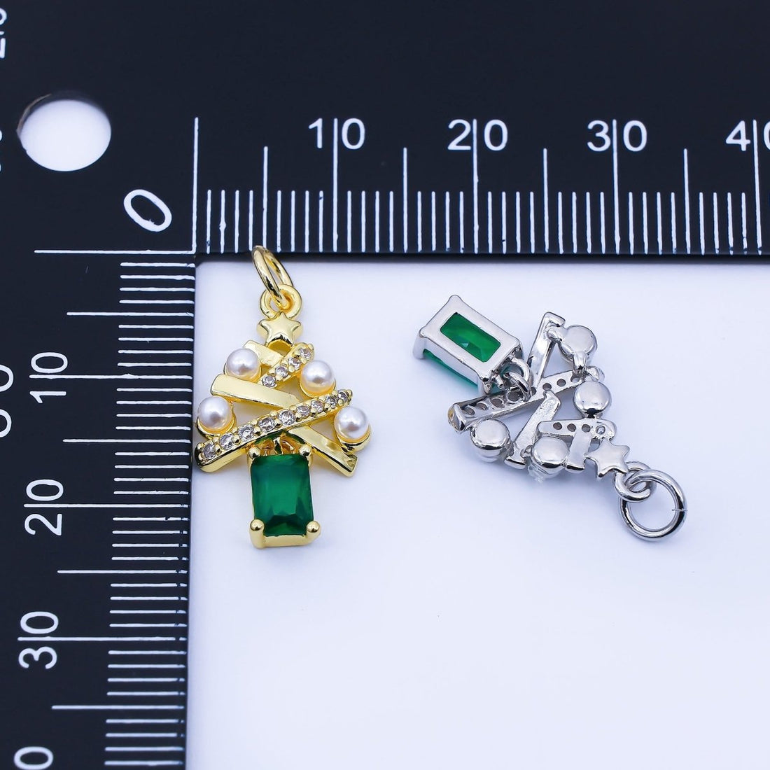24K Gold Filled Green Baguette CZ Micro Paved Shell Pearl Christmas Tree Charm in Gold &amp; Silver | C940