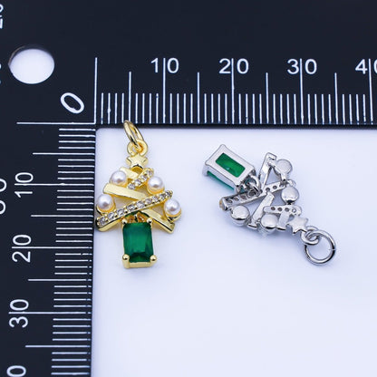 24K Gold Filled Green Baguette CZ Micro Paved Shell Pearl Christmas Tree Charm in Gold &amp; Silver | C940