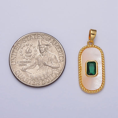 24K Gold Filled Green Baguette CZ Shell Pearl Oblong Beaded Pendant | AA111