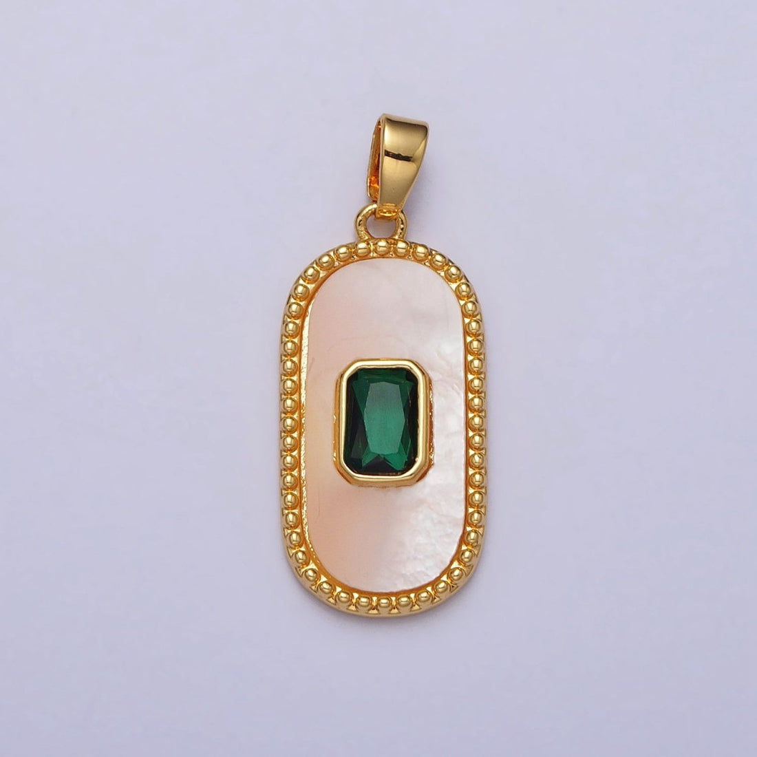 24K Gold Filled Green Baguette CZ Shell Pearl Oblong Beaded Pendant | AA111
