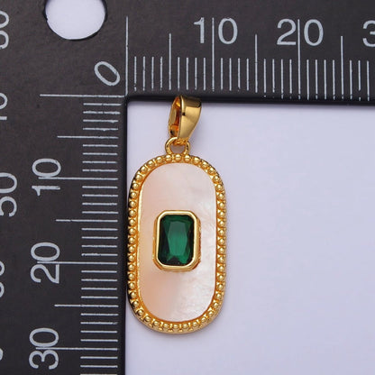 24K Gold Filled Green Baguette CZ Shell Pearl Oblong Beaded Pendant | AA111