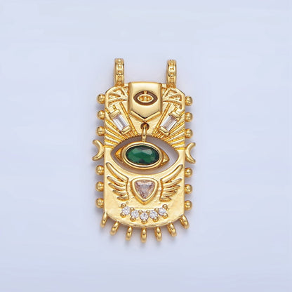 24K Gold Filled Green CZ Baguette Geometric Evil Eye Dotted Outline Tag Connector | F481