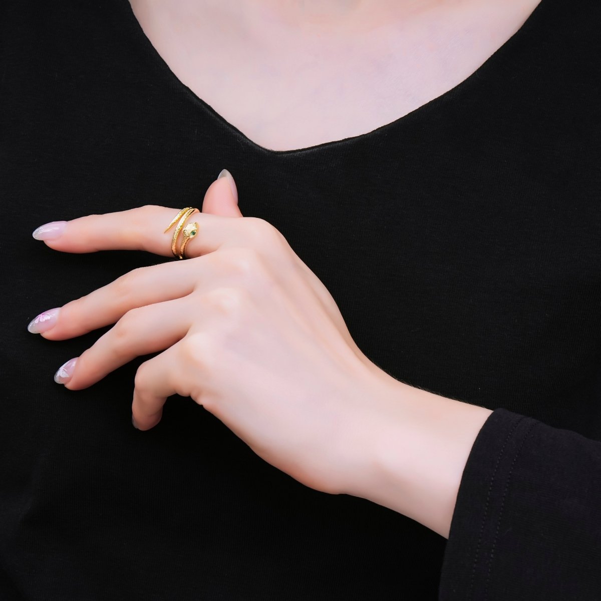 24K Gold Filled Green CZ Snake Serpent Scaled Adjustable Ring | O1185