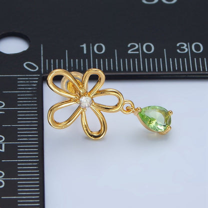 24K Gold Filled Green CZ Teardrop Open Flower Drop Stud Earrings | P166