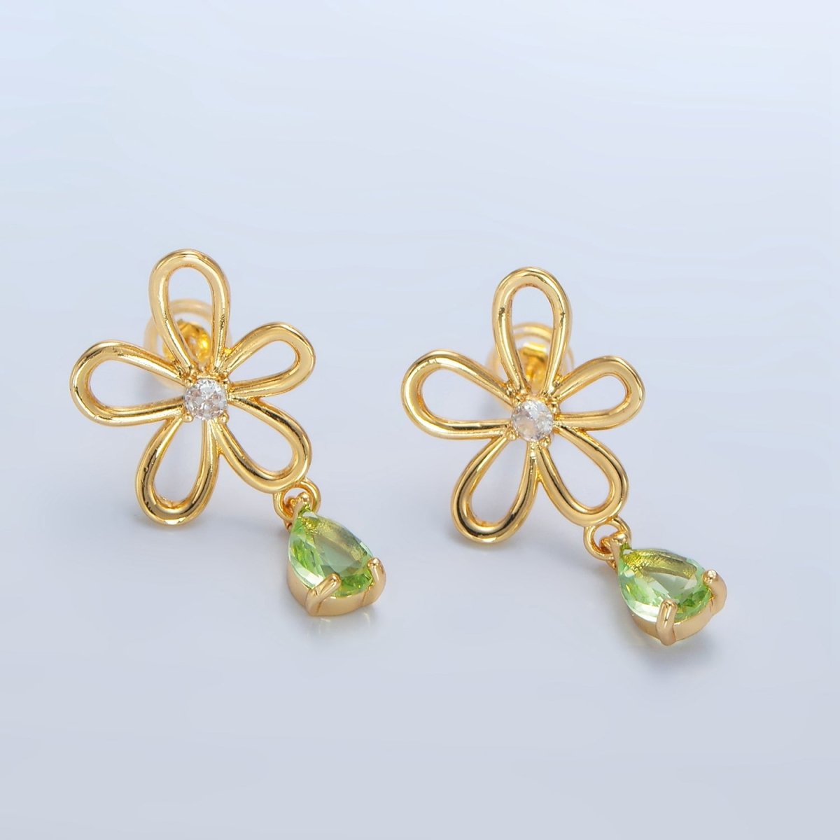 24K Gold Filled Green CZ Teardrop Open Flower Drop Stud Earrings | P166
