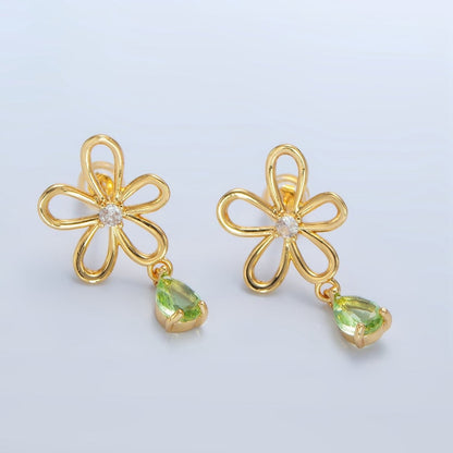 24K Gold Filled Green CZ Teardrop Open Flower Drop Stud Earrings | P166