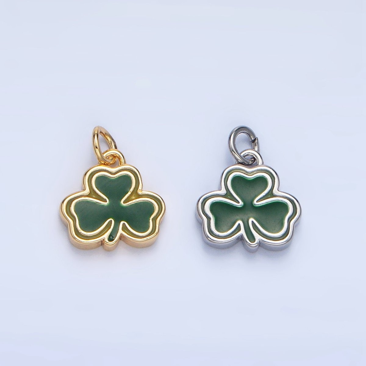24K Gold Filled 10.5mm Green Enamel Clover Leaf Charm in Gold &amp; Silver | N1322