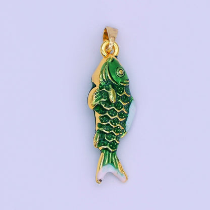 24K Gold Filled Green Enamel Mini Fish 3D Multidimensional Pendant | AH494 AH499