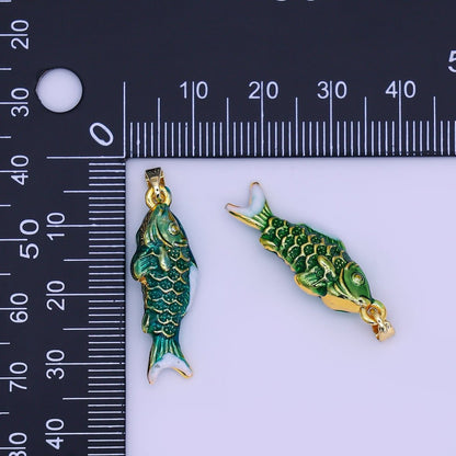 24K Gold Filled Green Enamel Mini Fish 3D Multidimensional Pendant | AH494 AH499
