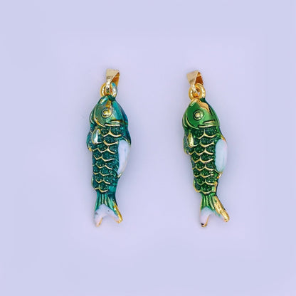24K Gold Filled Green Enamel Mini Fish 3D Multidimensional Pendant | AH494 AH499