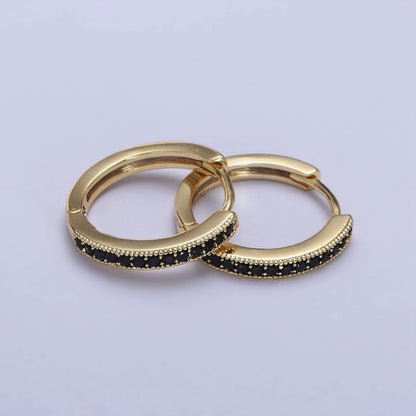 24K Gold Filled Green, Fuchsia, Black Micro Paved CZ Lined 16mm Huggie Earrings | AB297 AB298 AB299