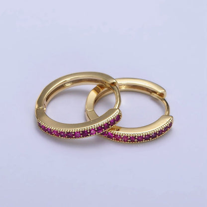 24K Gold Filled Green, Fuchsia, Black Micro Paved CZ Lined 16mm Huggie Earrings | AB297 AB298 AB299