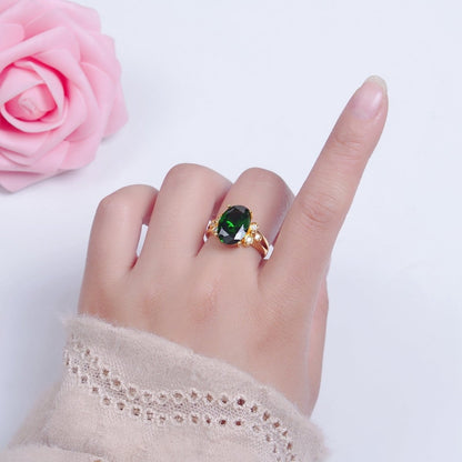 24K Gold Filled Green Jade/Cubic Zirconia Double Band Adjustable Ring, O-2298, O-765