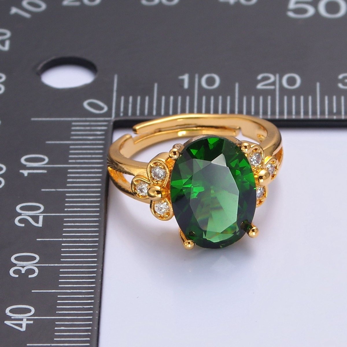 24K Gold Filled Green Jade/Cubic Zirconia Double Band Adjustable Ring, O-2298, O-765