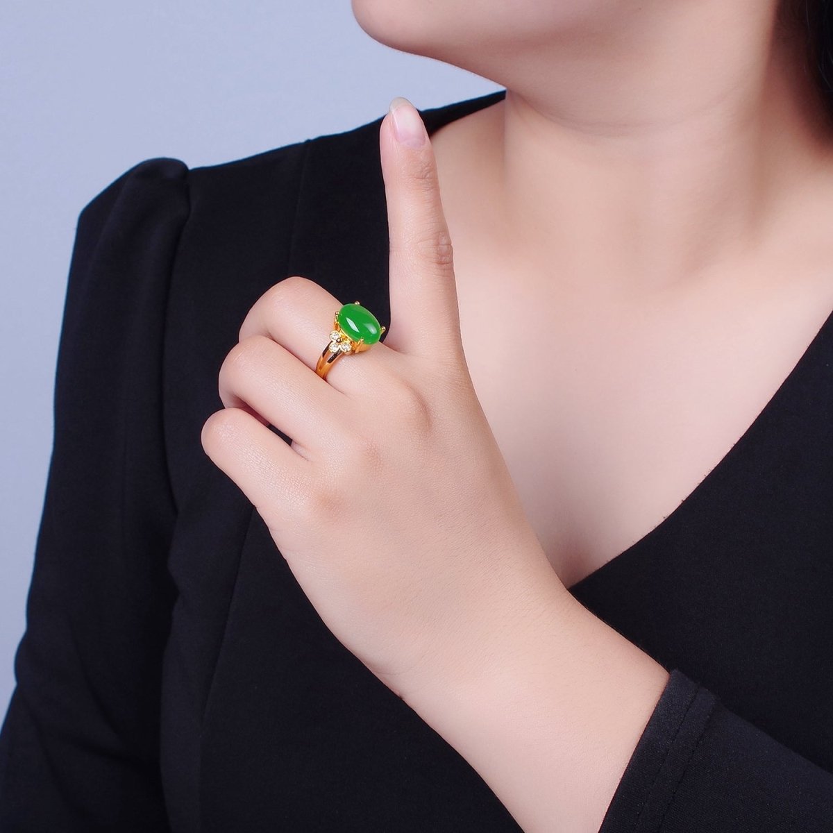 24K Gold Filled Green Jade/Cubic Zirconia Double Band Adjustable Ring, O-2298, O-765