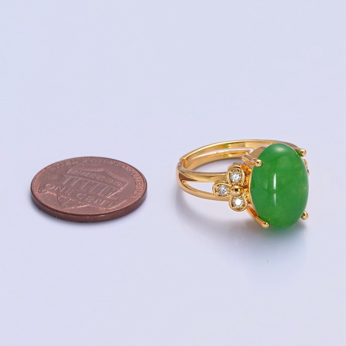 24K Gold Filled Green Jade/Cubic Zirconia Double Band Adjustable Ring, O-2298, O-765
