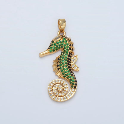 24K Gold Filled Green Micro Paved Sea Horse Ocean Animal Pendant | I288
