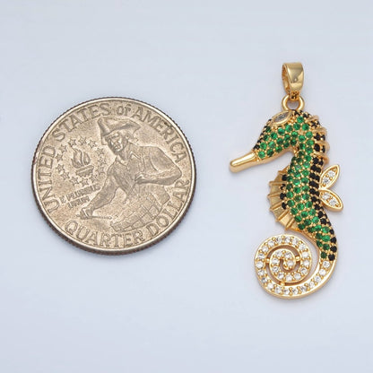 24K Gold Filled Green Micro Paved Sea Horse Ocean Animal Pendant | I288