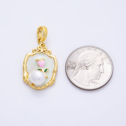24K Gold Filled Green Pink Rose Flower With Pearl Snap Bail Pendant | AA1462