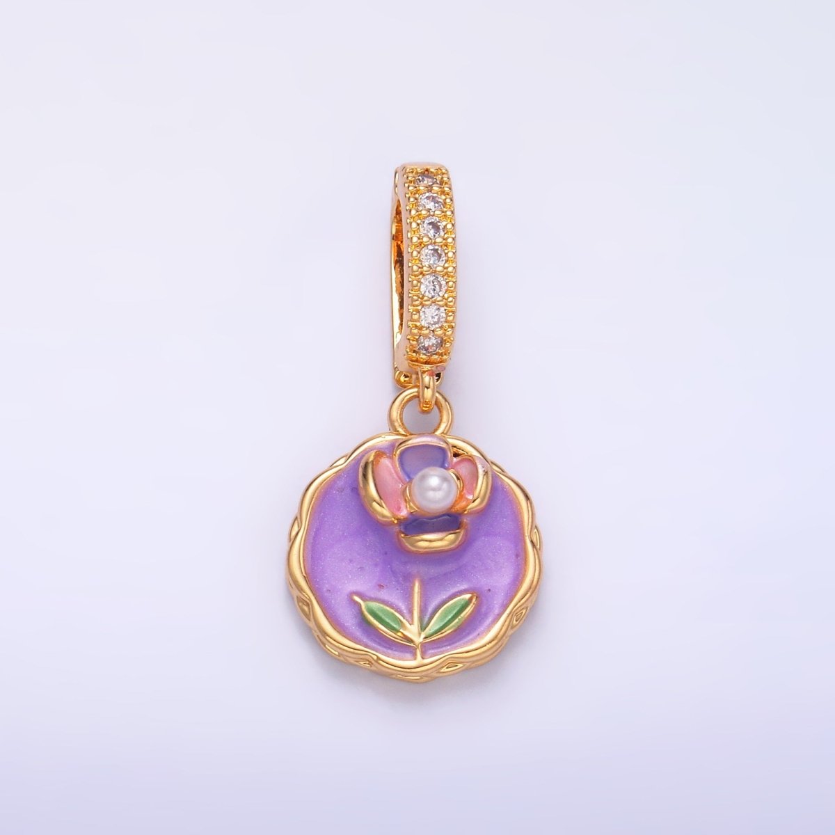 24K Gold Filled Blue, Purple, Pink Daisy Flower Micro Paved CZ Snap Bail Pendant | AA1442 AA1443