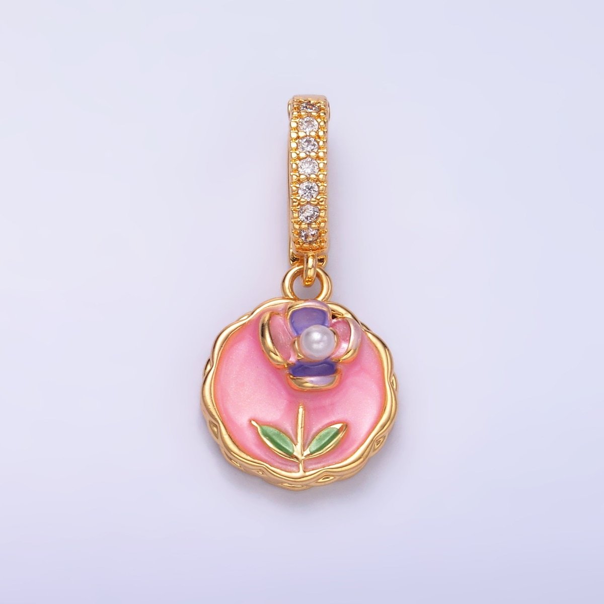 24K Gold Filled Blue, Purple, Pink Daisy Flower Micro Paved CZ Snap Bail Pendant | AA1442 AA1443