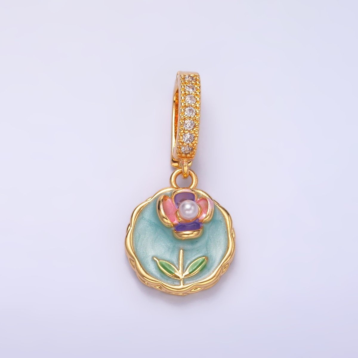 24K Gold Filled Blue, Purple, Pink Daisy Flower Micro Paved CZ Snap Bail Pendant | AA1442 AA1443