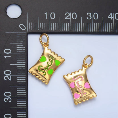 24K Gold Filled Green, Red, Pink Enamel "Sweet" Script Enamel Candy Bar Multidimensional Charm | X823 X824
