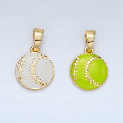 24K Gold Filled Green Tennis Ball, White Baseball Enamel Pendant | I451