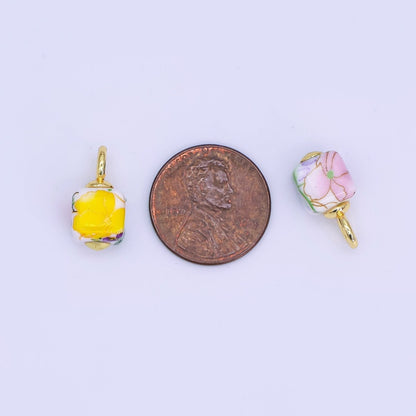 24K Gold Filled Green, Yellow, Purple, Red, Pink Flower Cube Ceramic Drop Pendant | E710 - E729