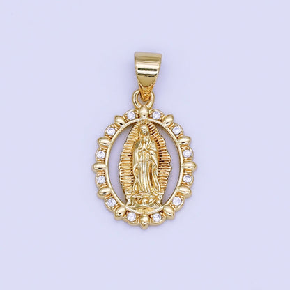 24K Gold Filled Guadalupe Mary Open Oval CZ Pendant | AH450