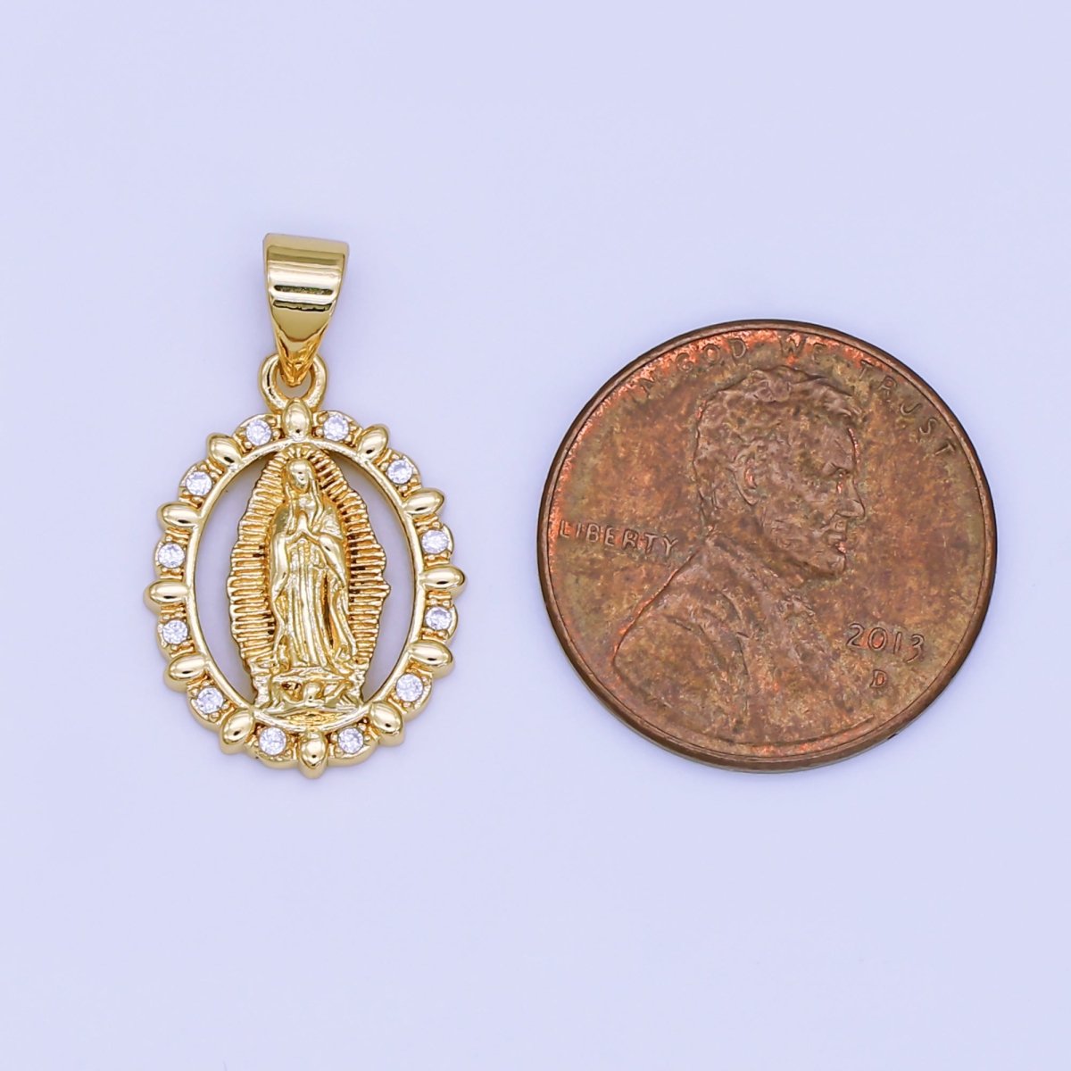 24K Gold Filled Guadalupe Mary Open Oval CZ Pendant | AH450