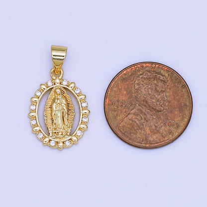 24K Gold Filled Guadalupe Mary Open Oval CZ Pendant | AH450