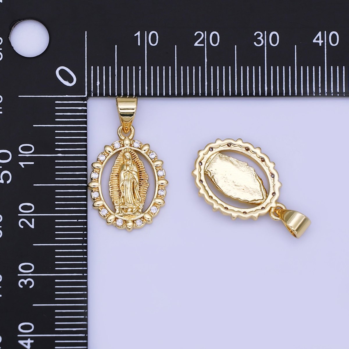 24K Gold Filled Guadalupe Mary Open Oval CZ Pendant | AH450