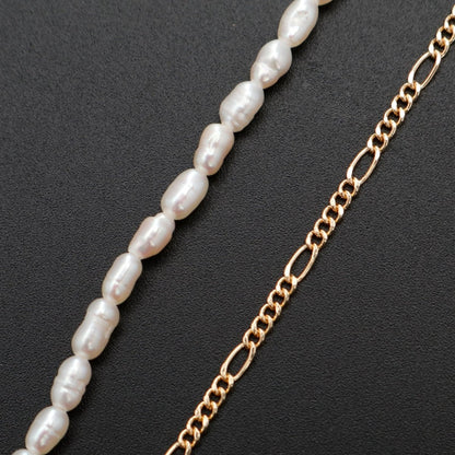 24K Gold Filled Half Freshwater Pearl Baroque Seed Half Figaro 16 Inch Choker Chain Necklace | WA-330 Clearance Pricing