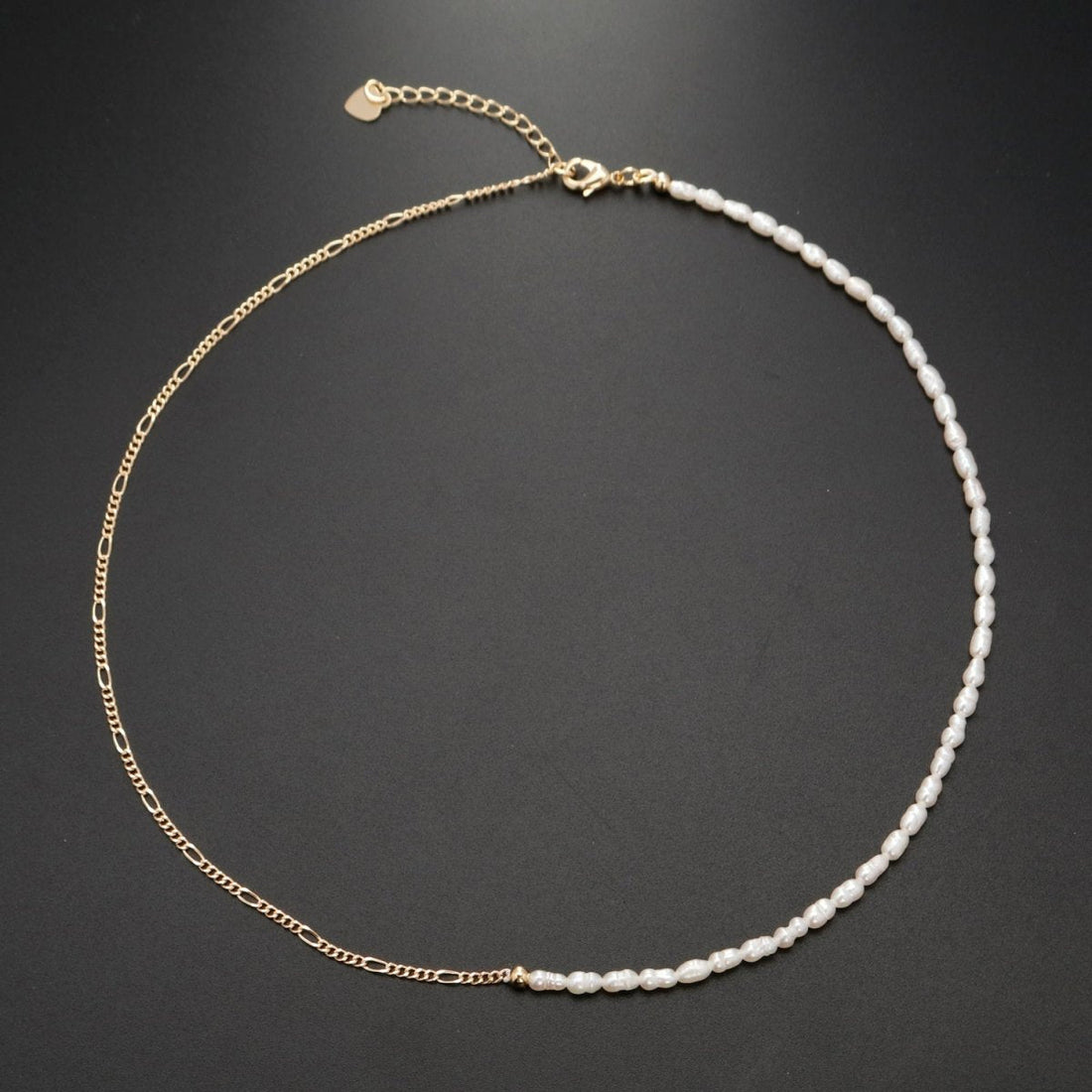 24K Gold Filled Half Freshwater Pearl Baroque Seed Half Figaro 16 Inch Choker Chain Necklace | WA-330 Clearance Pricing