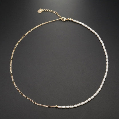 24K Gold Filled Half Freshwater Pearl Baroque Seed Half Figaro 16 Inch Choker Chain Necklace | WA-330 Clearance Pricing