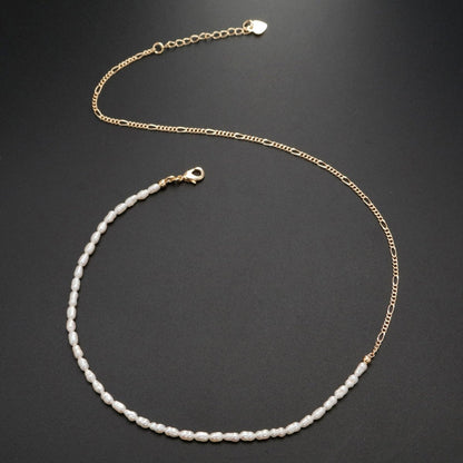 24K Gold Filled Half Freshwater Pearl Baroque Seed Half Figaro 16 Inch Choker Chain Necklace | WA-330 Clearance Pricing