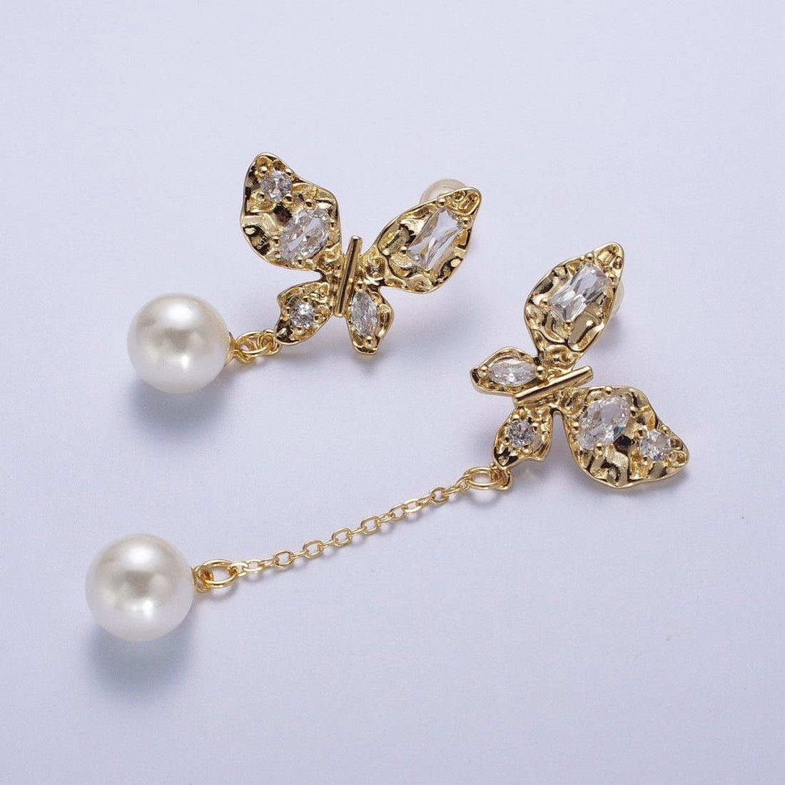 24K Gold Filled Hammered Butterfly Clear Cubic Zirconia Wings Pearl Charm Dangle Drop Stud Earrings | AD-034