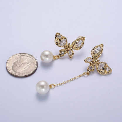 24K Gold Filled Hammered Butterfly Clear Cubic Zirconia Wings Pearl Charm Dangle Drop Stud Earrings | AD-034