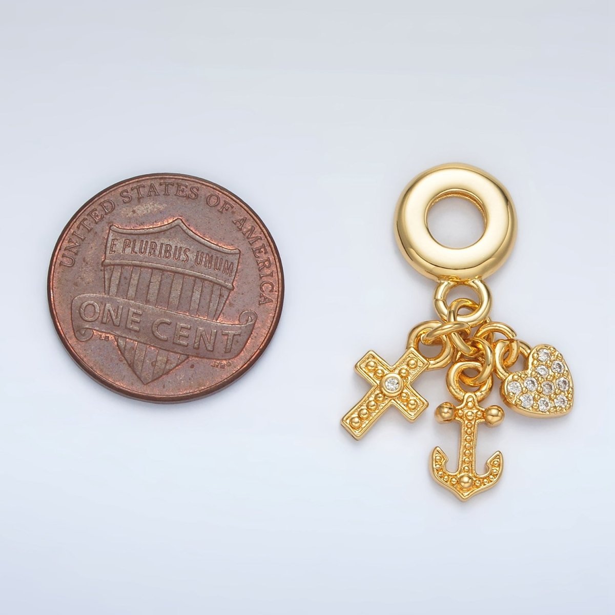 24K Gold Filled Heart Anchor Cross Micro Paved Triple Drop Rondelle Bail Pendant | AC089