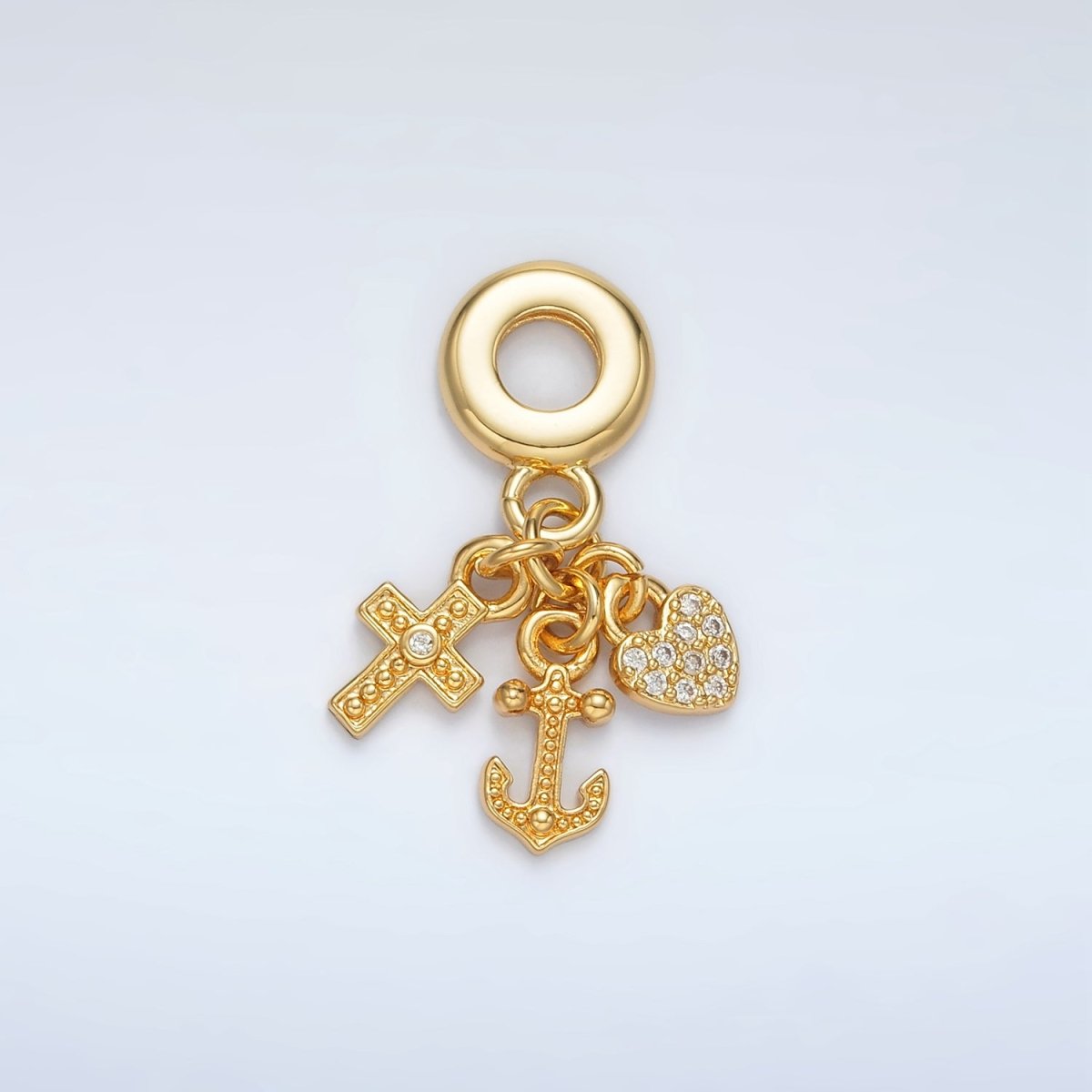 24K Gold Filled Heart Anchor Cross Micro Paved Triple Drop Rondelle Bail Pendant | AC089