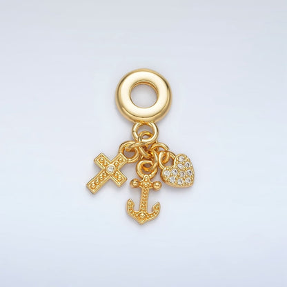 24K Gold Filled Heart Anchor Cross Micro Paved Triple Drop Rondelle Bail Pendant | AC089