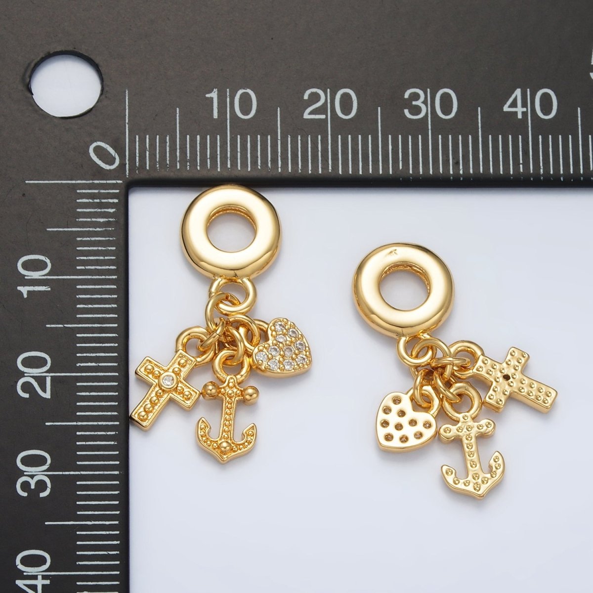 24K Gold Filled Heart Anchor Cross Micro Paved Triple Drop Rondelle Bail Pendant | AC089