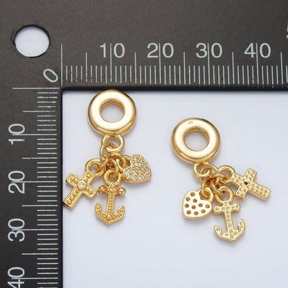 24K Gold Filled Heart Anchor Cross Micro Paved Triple Drop Rondelle Bail Pendant | AC089