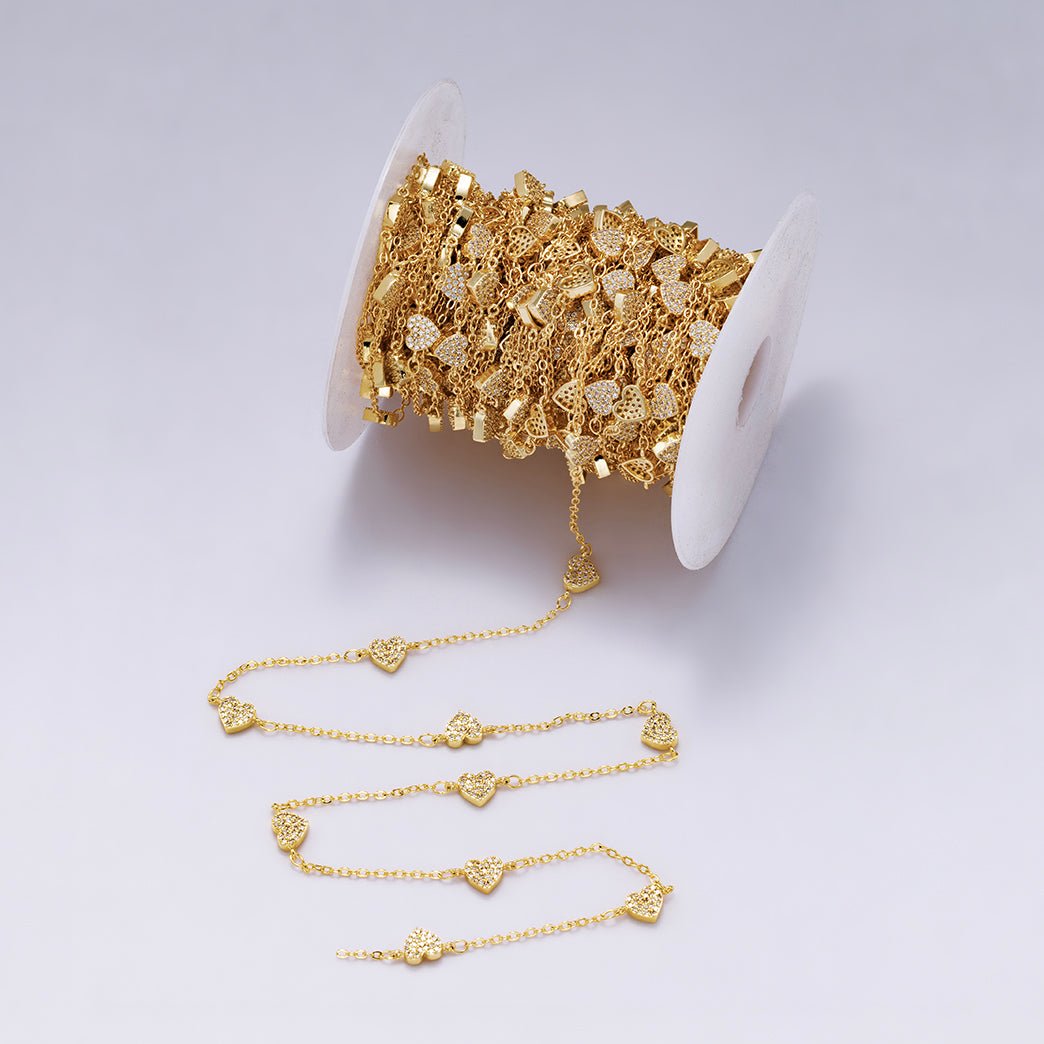 24K Gold Filled 1.6mm Micro Paved CZ Heart Cable Unfinished Chain by Yard | Roll-00420