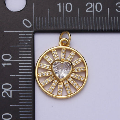 24k Gold Filled Heart Charm Micro Paved CZ Radiant Round Coin Disc Charm E-452