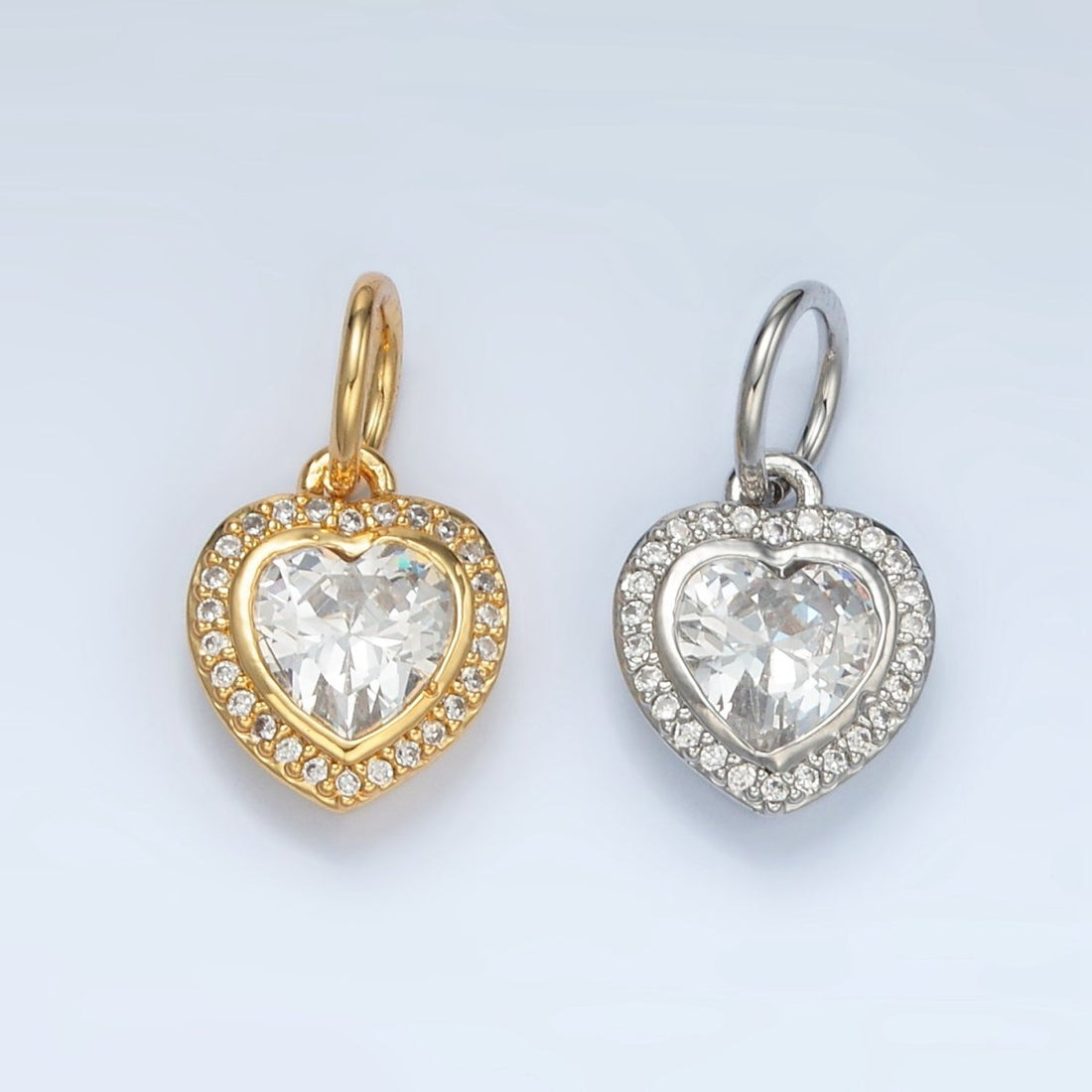 24K Gold Filled Heart Clear CZ Micro Paved Charm in Gold &amp; Silver | AG859
