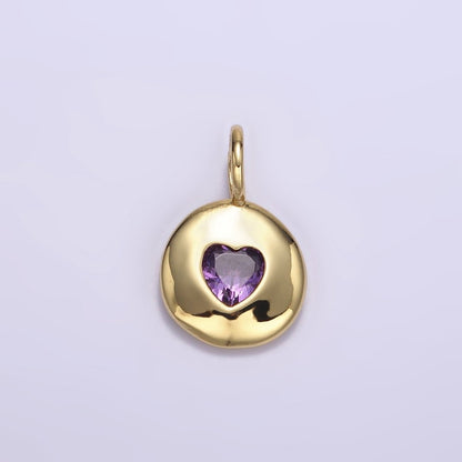 24K Gold Filled Heart CZ Birthstone Round Bezel Charm | AA049 - AA054