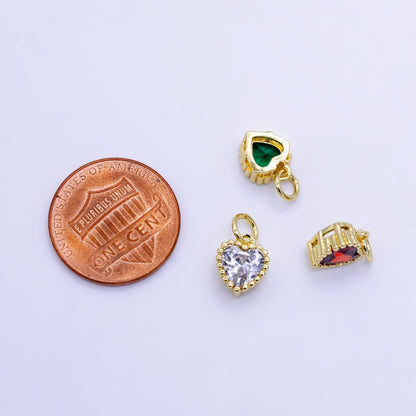 24K Gold Filled 9mm Green, Red, Purple, Blue, Clear, Peach Heart CZ Dotted Mini Charm | E043 - E046
